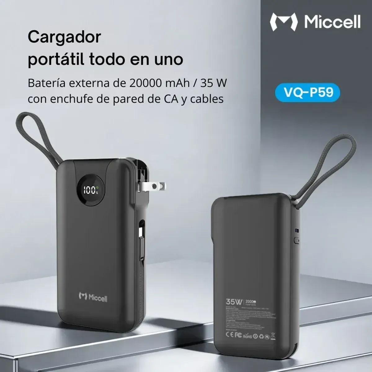 POWER BANK 20000MAH 35W CARGA RÁPIDA CON CABLES INTEGRADOS USB-C LIGHTNING MICCELL VQ-P59 - 3