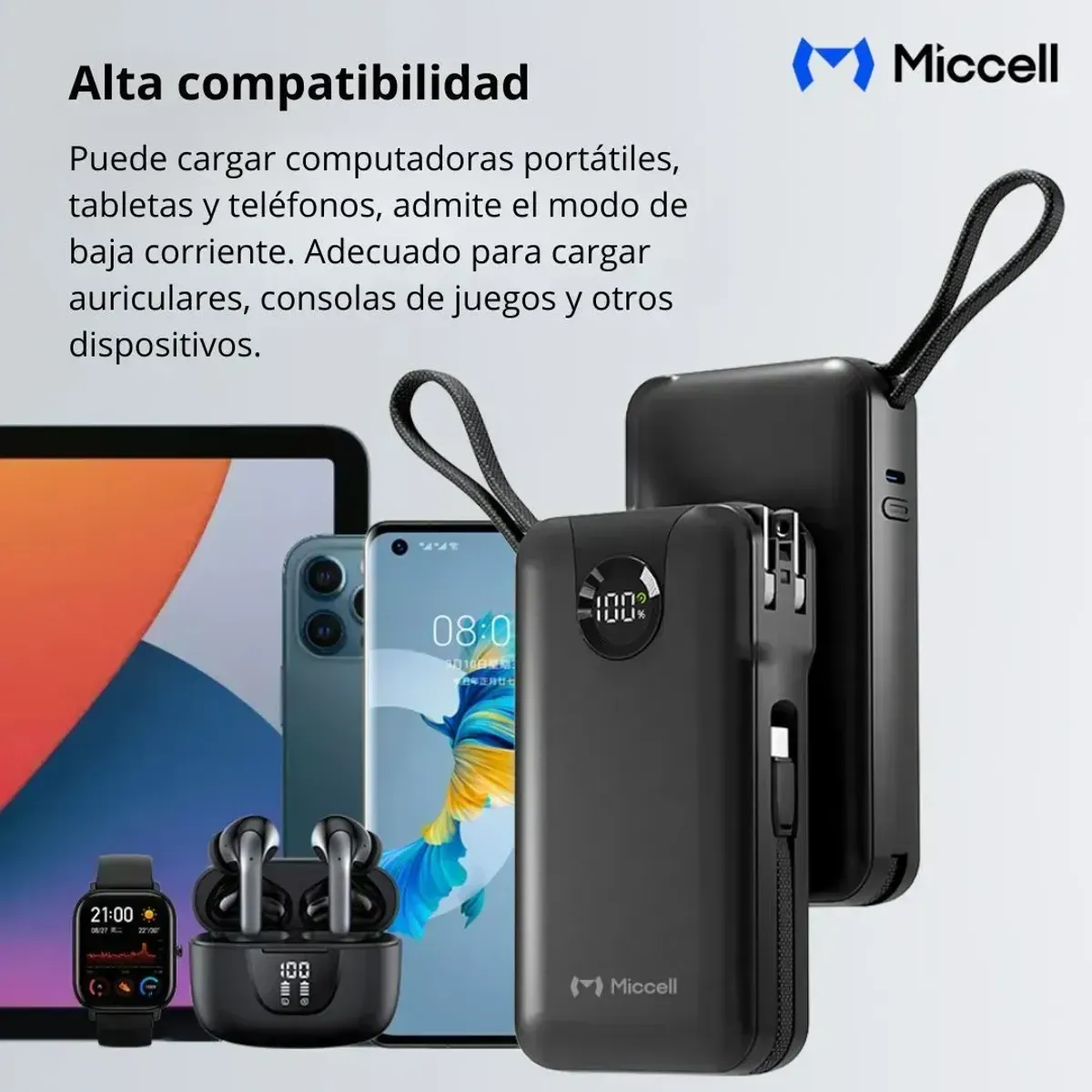 POWER BANK 20000MAH 35W CARGA RÁPIDA CON CABLES INTEGRADOS USB-C LIGHTNING MICCELL VQ-P59 - 4