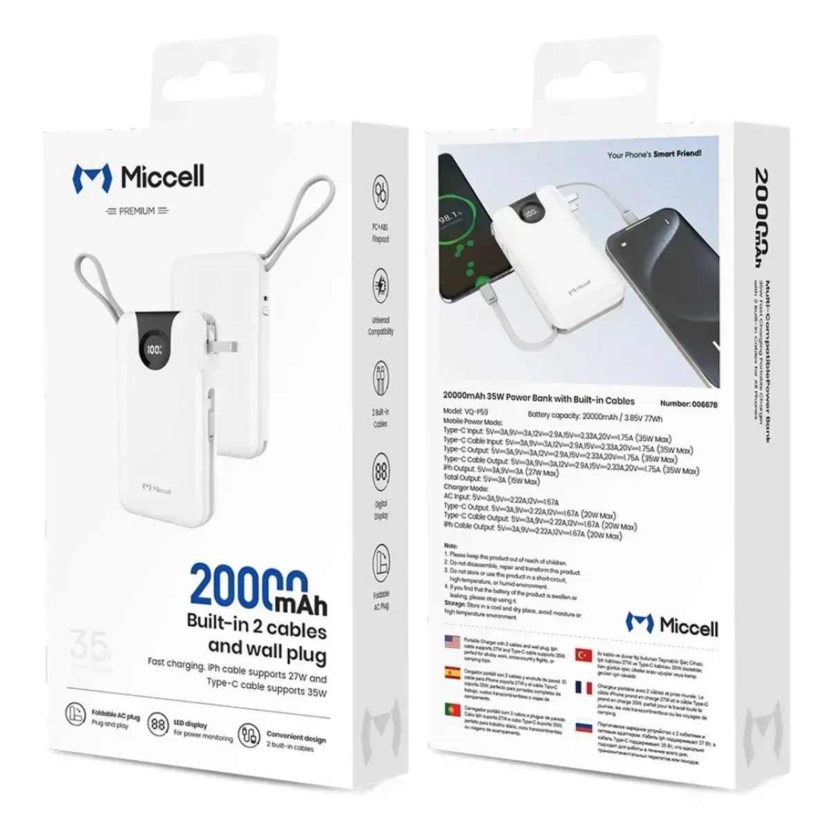 POWER BANK 20000MAH 35W CARGA RÁPIDA CON CABLES INTEGRADOS USB-C LIGHTNING MICCELL VQ-P59 - 5