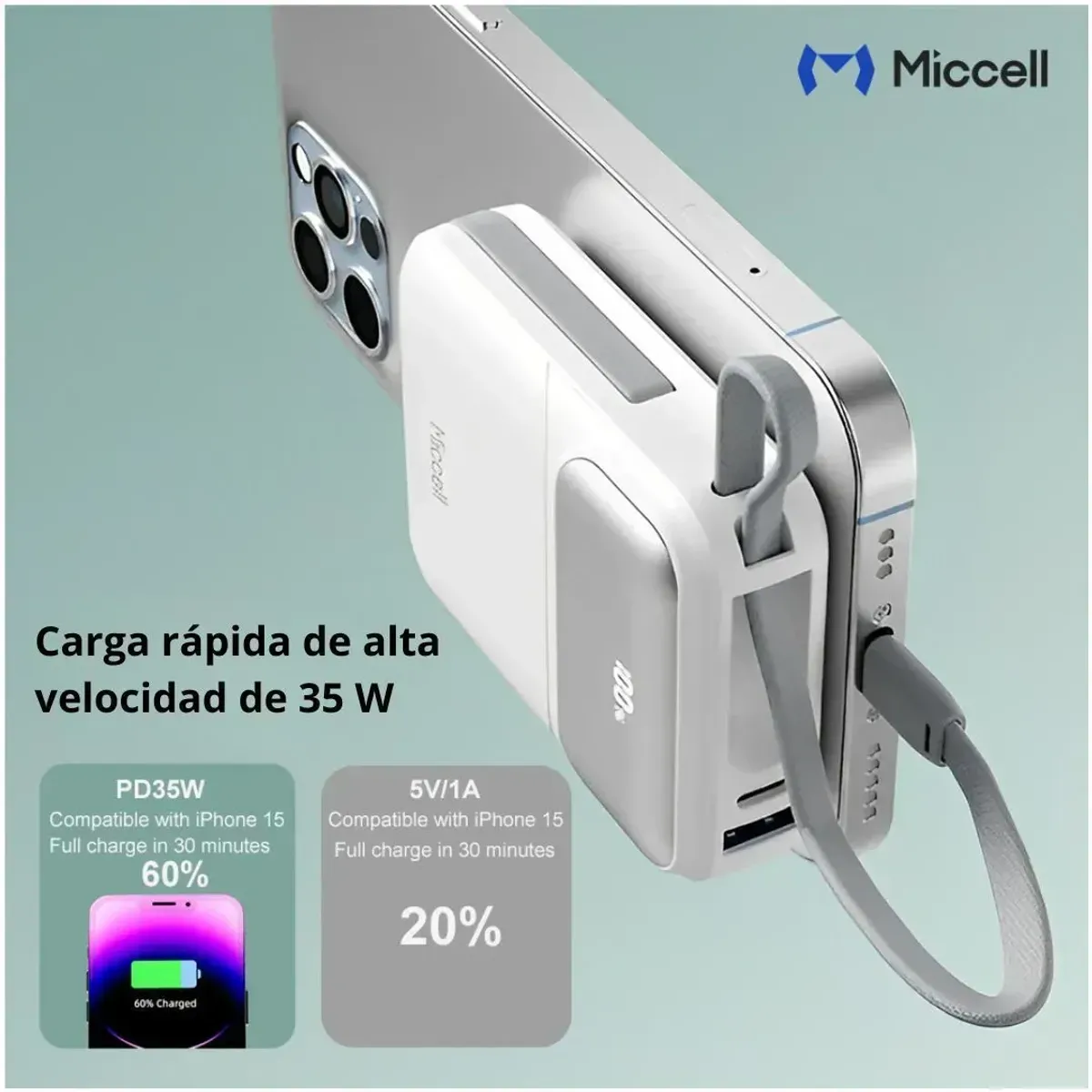 POWER BANK 10000MAH 35W CARGA RÁPIDA CON CABLES INTEGRADOS USB-C LIGHTNING MICCELL VQ-P51 - 4