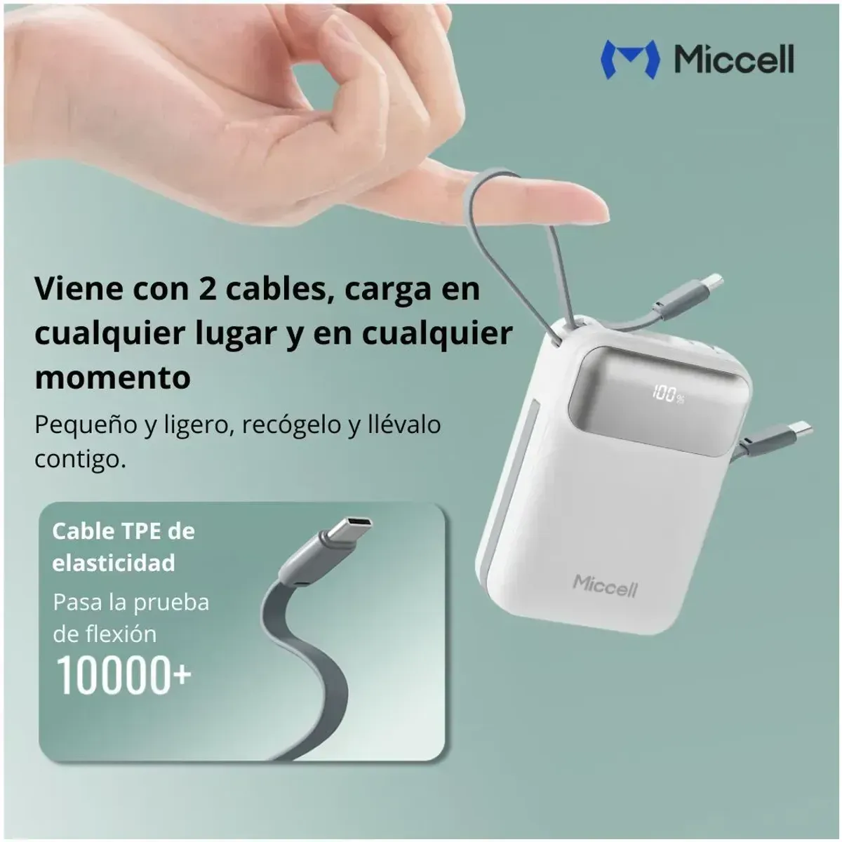 POWER BANK 10000MAH 35W CARGA RÁPIDA CON CABLES INTEGRADOS USB-C LIGHTNING MICCELL VQ-P51 - 6