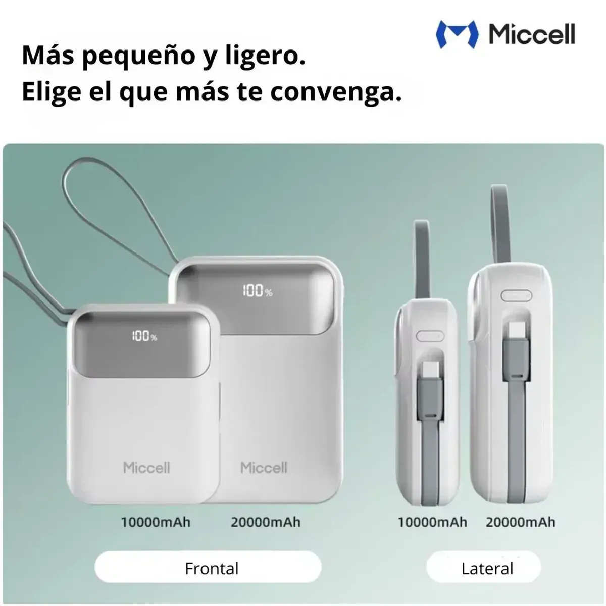 POWER BANK 10000MAH 35W CARGA RÁPIDA CON CABLES INTEGRADOS USB-C LIGHTNING MICCELL VQ-P51 - 8