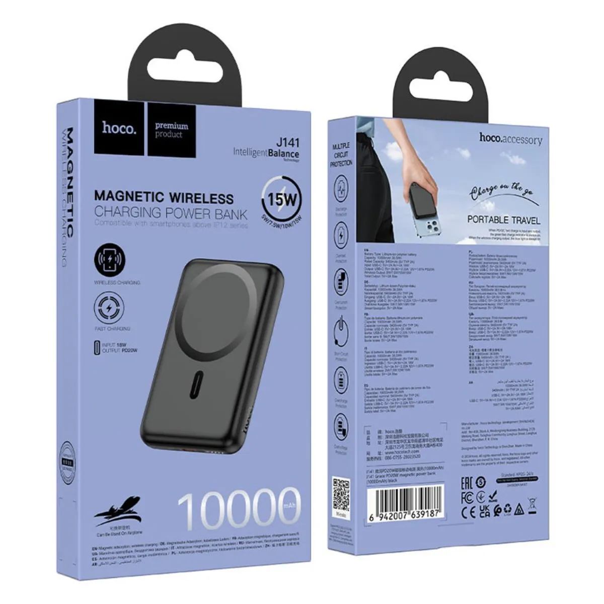 POWER BANK MAGNÉTICO INALÁMBRICO 10000 MAH HOCO J141 CARGA RÁPIDA PD 20W USB-C - 5