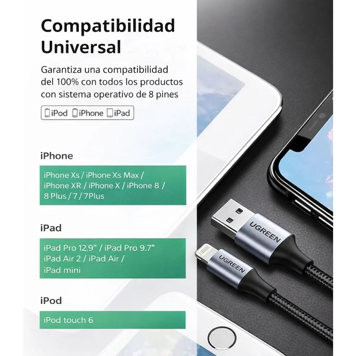 CABLE USB-A A LIGHTNING UGREEN 1 METRO 2.4A MFI CARGA RÁPIDA PARA IPHONE US199 - 2