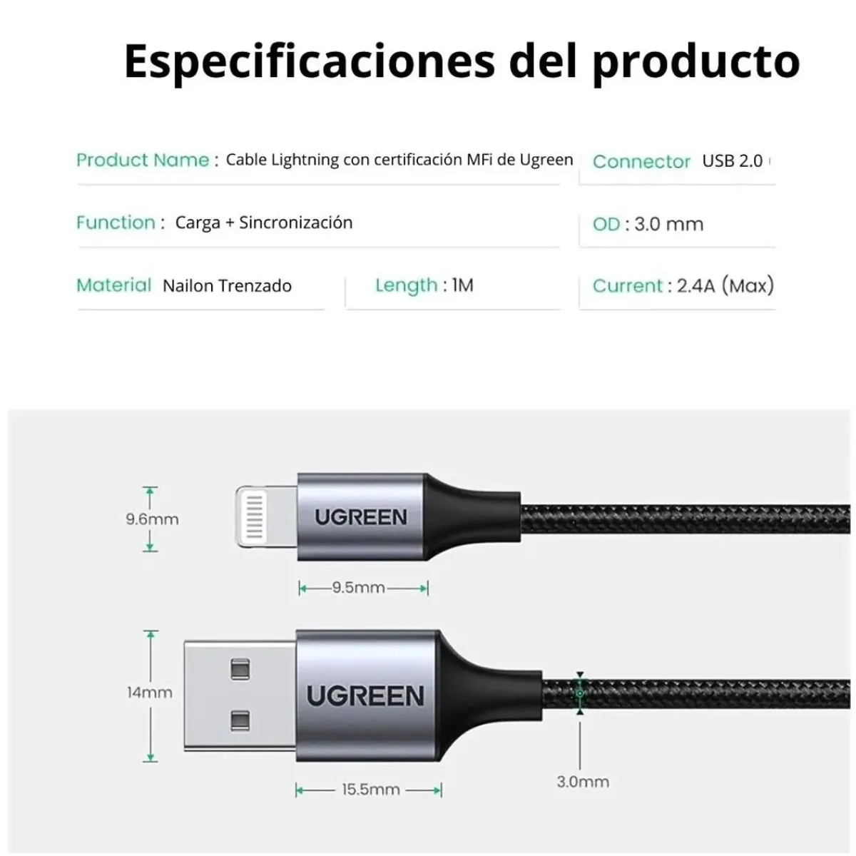 CABLE USB-A A LIGHTNING UGREEN 1 METRO 2.4A MFI CARGA RÁPIDA PARA IPHONE US199 - 7