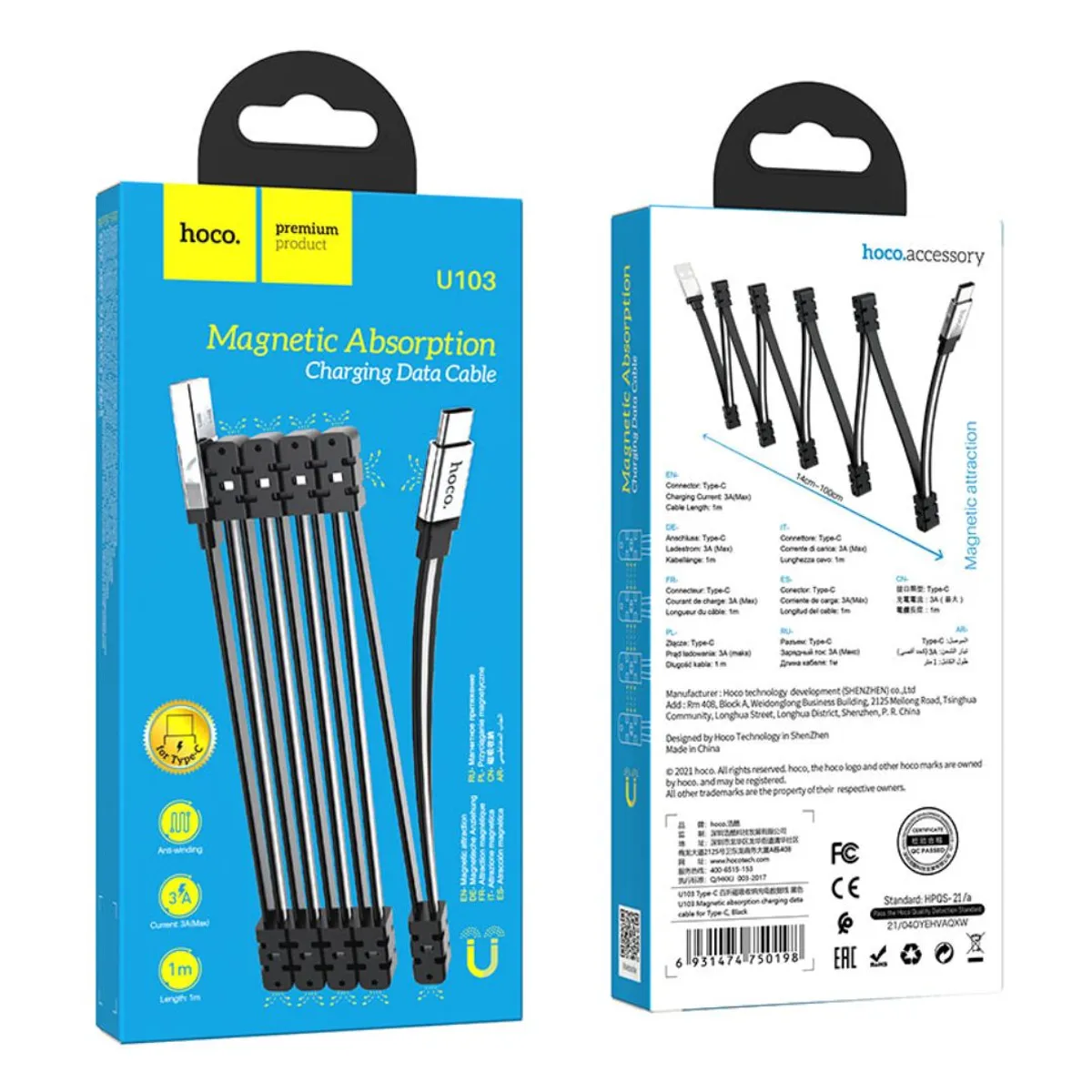 CABLE USB-A A USB-C HOCO U103 3A 1M MAGNÉTICO ANTIENREDOS CARGA Y DATOS - 2