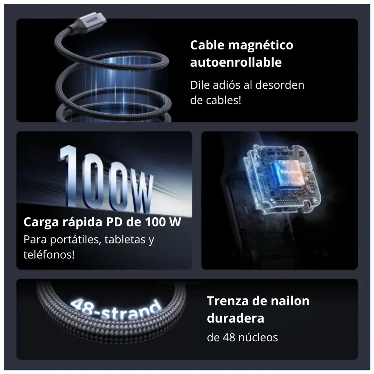 CABLE USB-C A USB-C UGREEN L520 100W 1M CARGA RÁPIDA PD MAGNÉTICO TRENZADO - 2