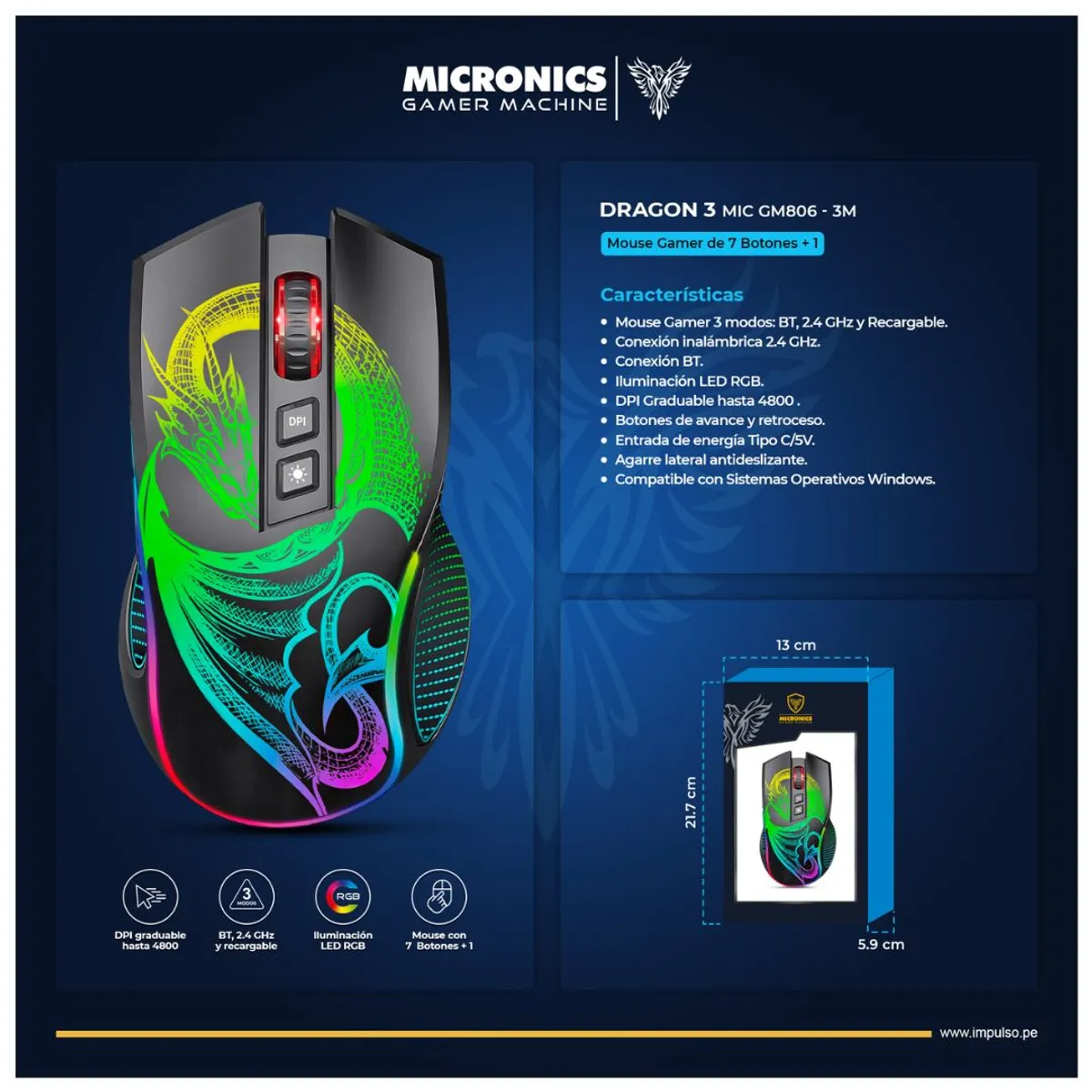 MOUSE GAMER INALÁMBRICO MICRONICS DRAGON 3 RGB 4800 DPI RECARGABLE USB-C - 2