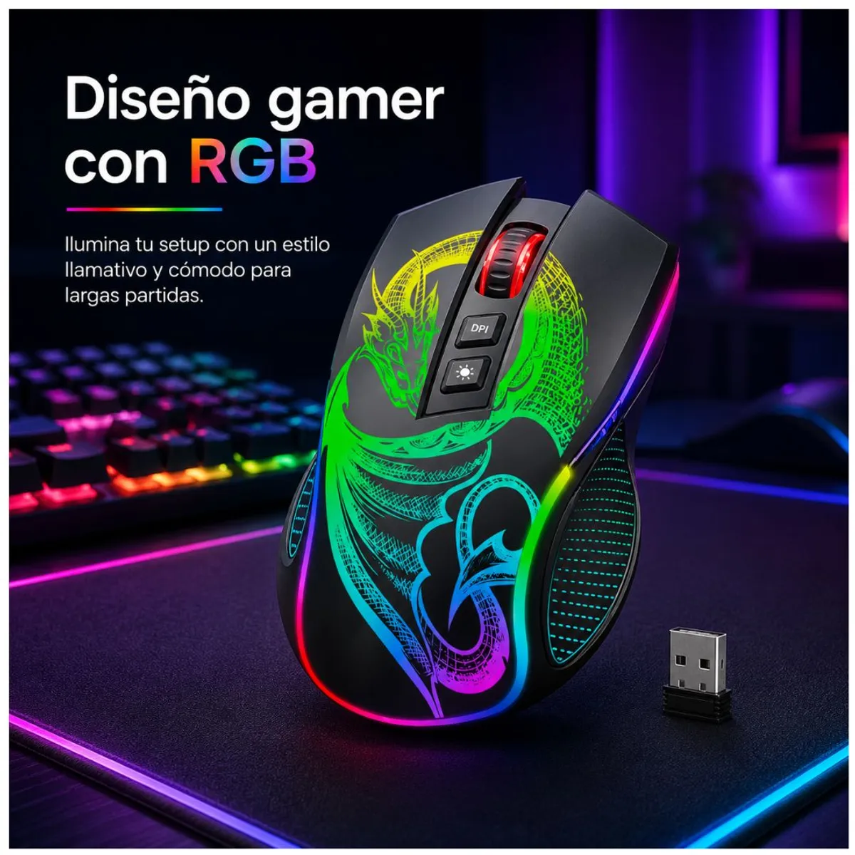 MOUSE GAMER INALÁMBRICO MICRONICS DRAGON 3 RGB 4800 DPI RECARGABLE USB-C - 4