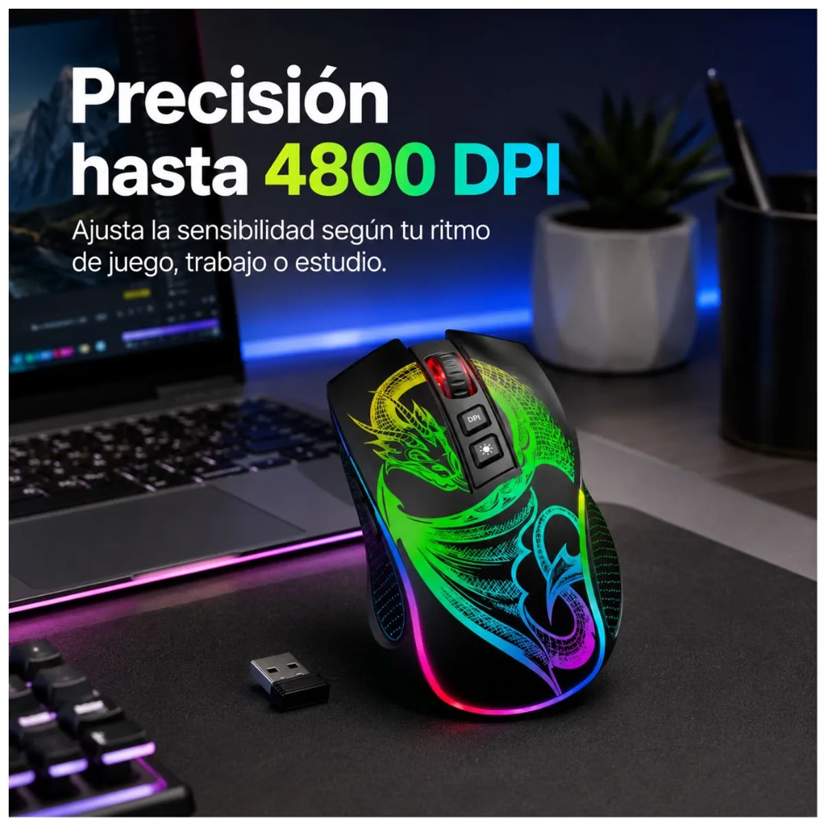 MOUSE GAMER INALÁMBRICO MICRONICS DRAGON 3 RGB 4800 DPI RECARGABLE USB-C - 5