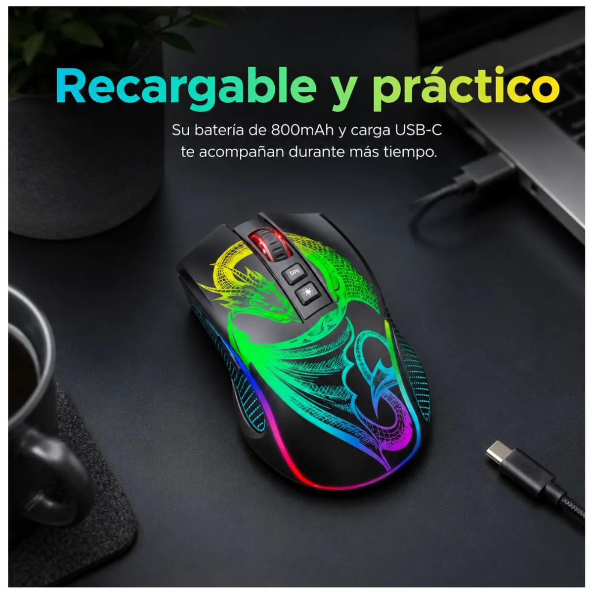 MOUSE GAMER INALÁMBRICO MICRONICS DRAGON 3 RGB 4800 DPI RECARGABLE USB-C - 6