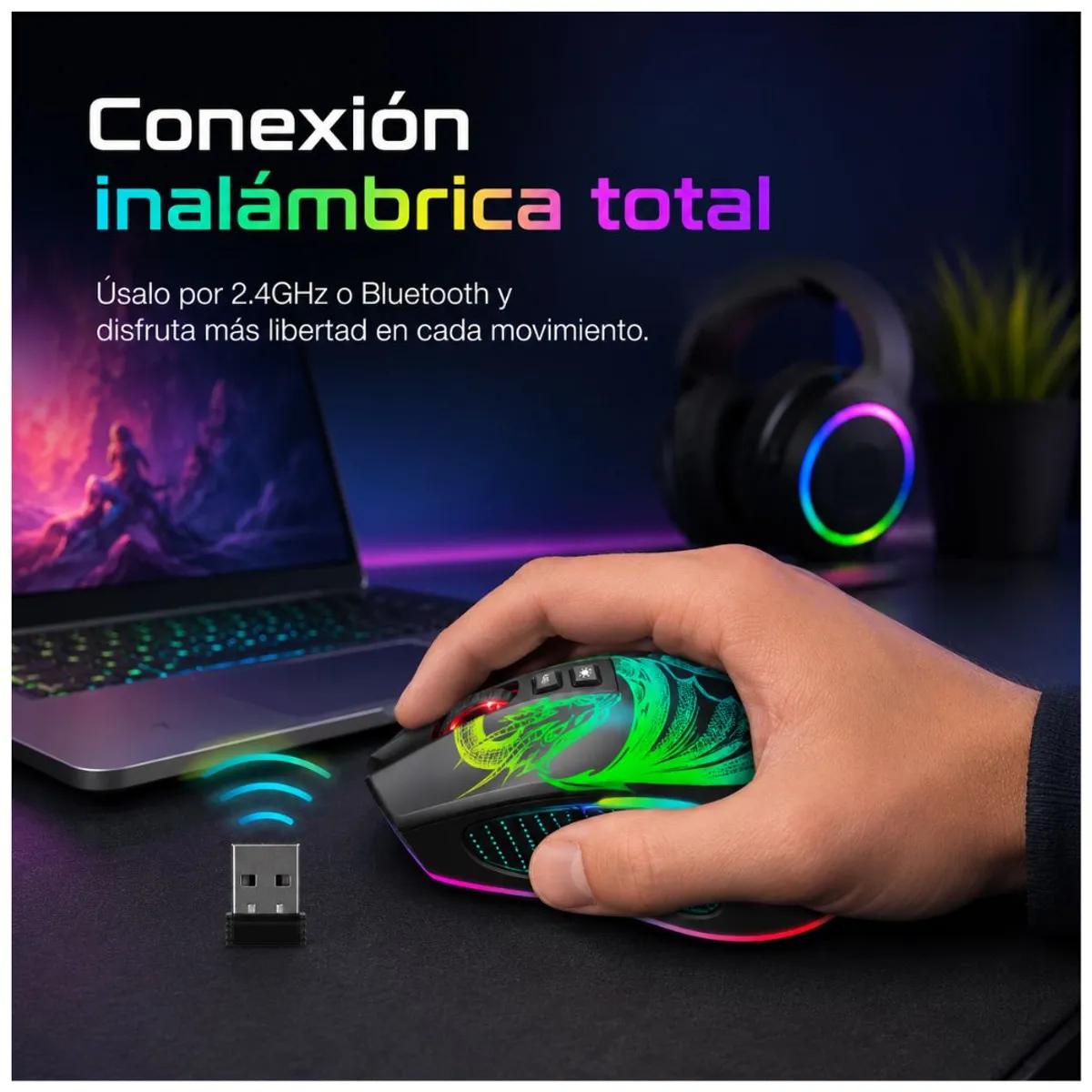 MOUSE GAMER INALÁMBRICO MICRONICS DRAGON 3 RGB 4800 DPI RECARGABLE USB-C - 7
