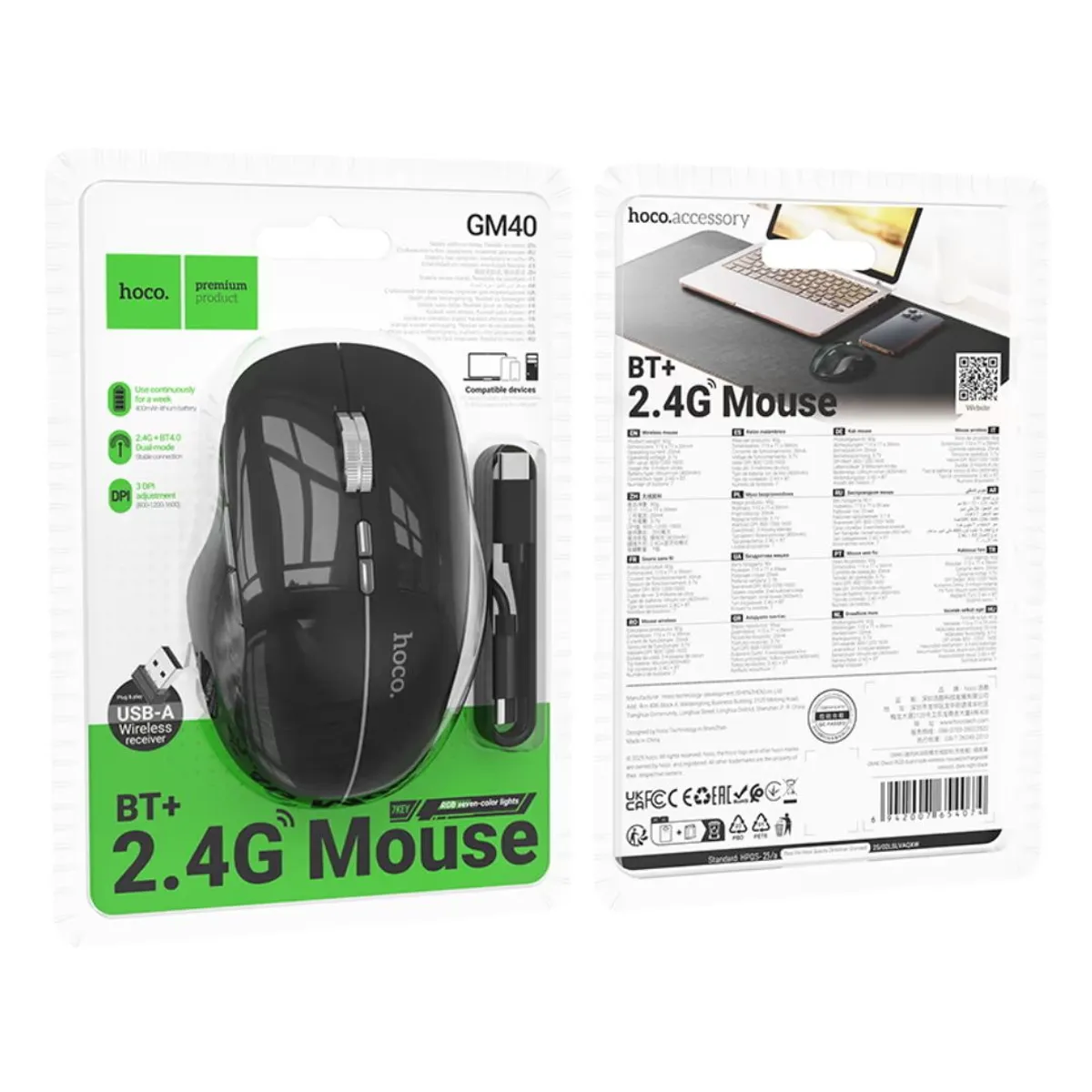 MOUSE INALÁMBRICO HOCO GM40 2.4G BLUETOOTH RGB 1600 DPI 7 BOTONES - 4