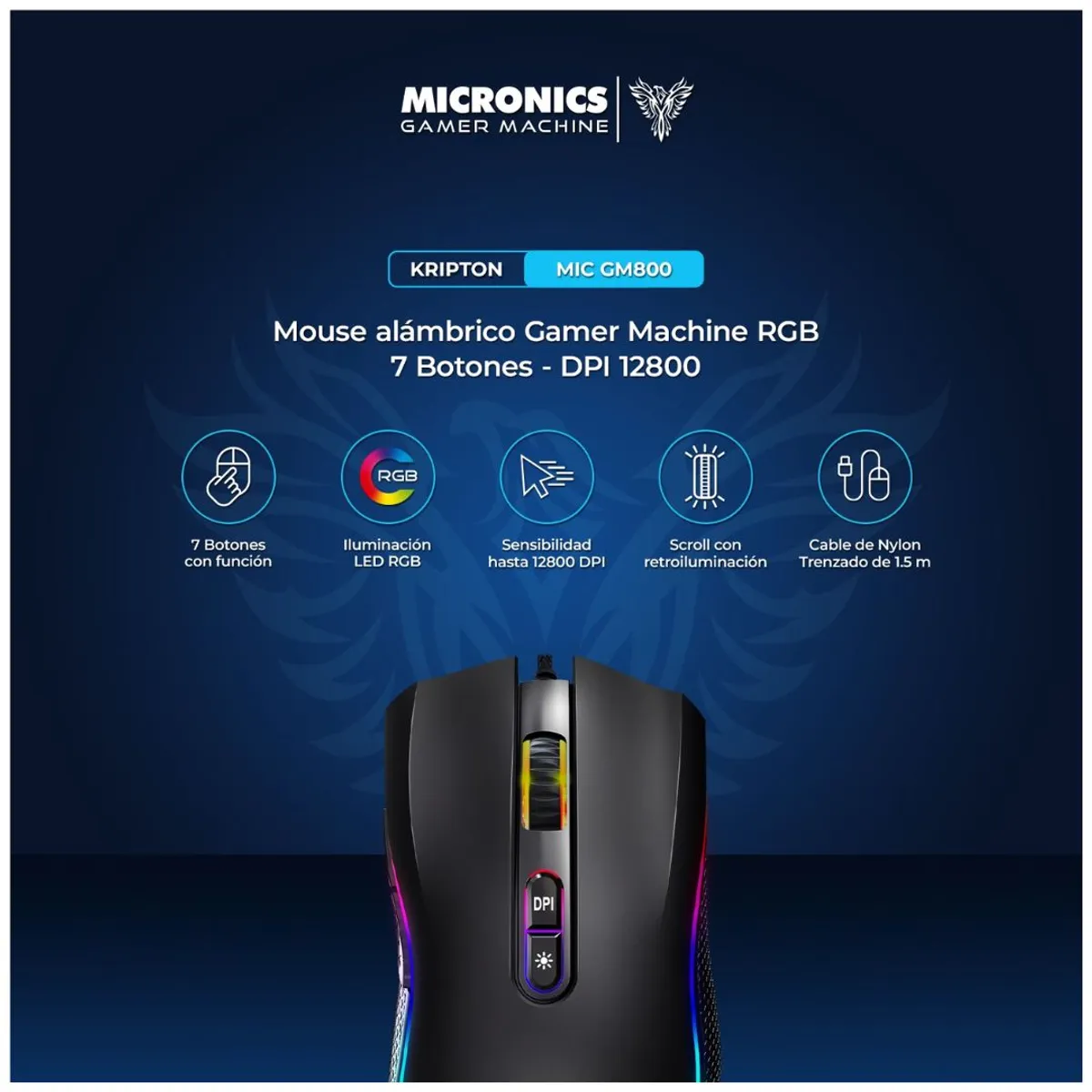 MOUSE GAMER CABLEADO MICRONICS KRIPTON MIC GM800 RGB 12800 DPI 7 BOTONES - 2