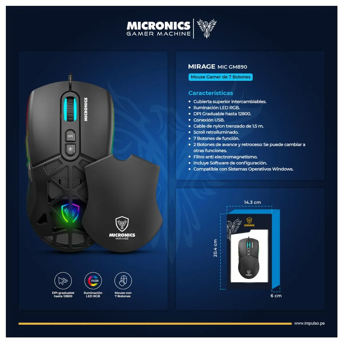 MOUSE GAMER CABLEADO MICRONICS MIRAGE MIC GM890 RGB 12800 DPI 7 BOTONES - 2