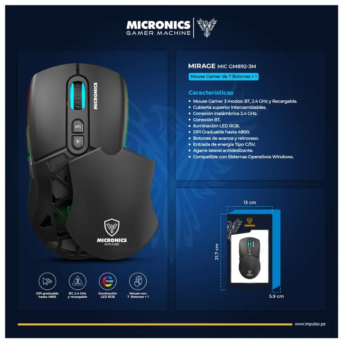 MOUSE GAMER INALÁMBRICO MICRONICS MIRAGE 3 RGB 4800 DPI RECARGABLE - 4