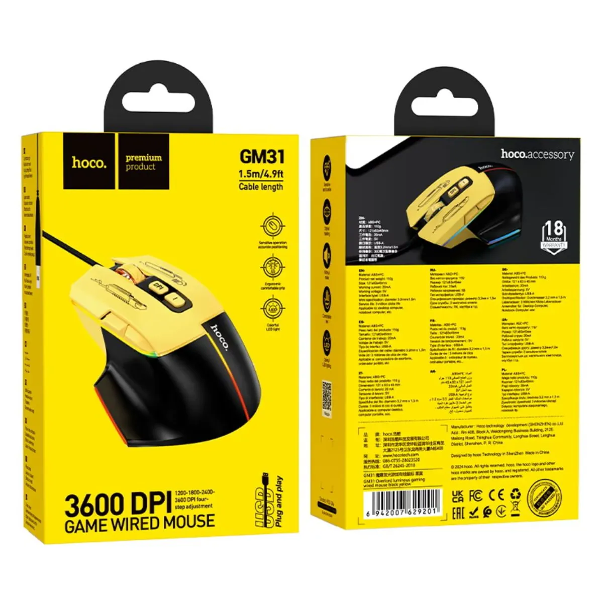 MOUSE GAMER HOCO GM31 RGB 3600 DPI CON 7 BOTONES CABLE TRENZADO USB - 2