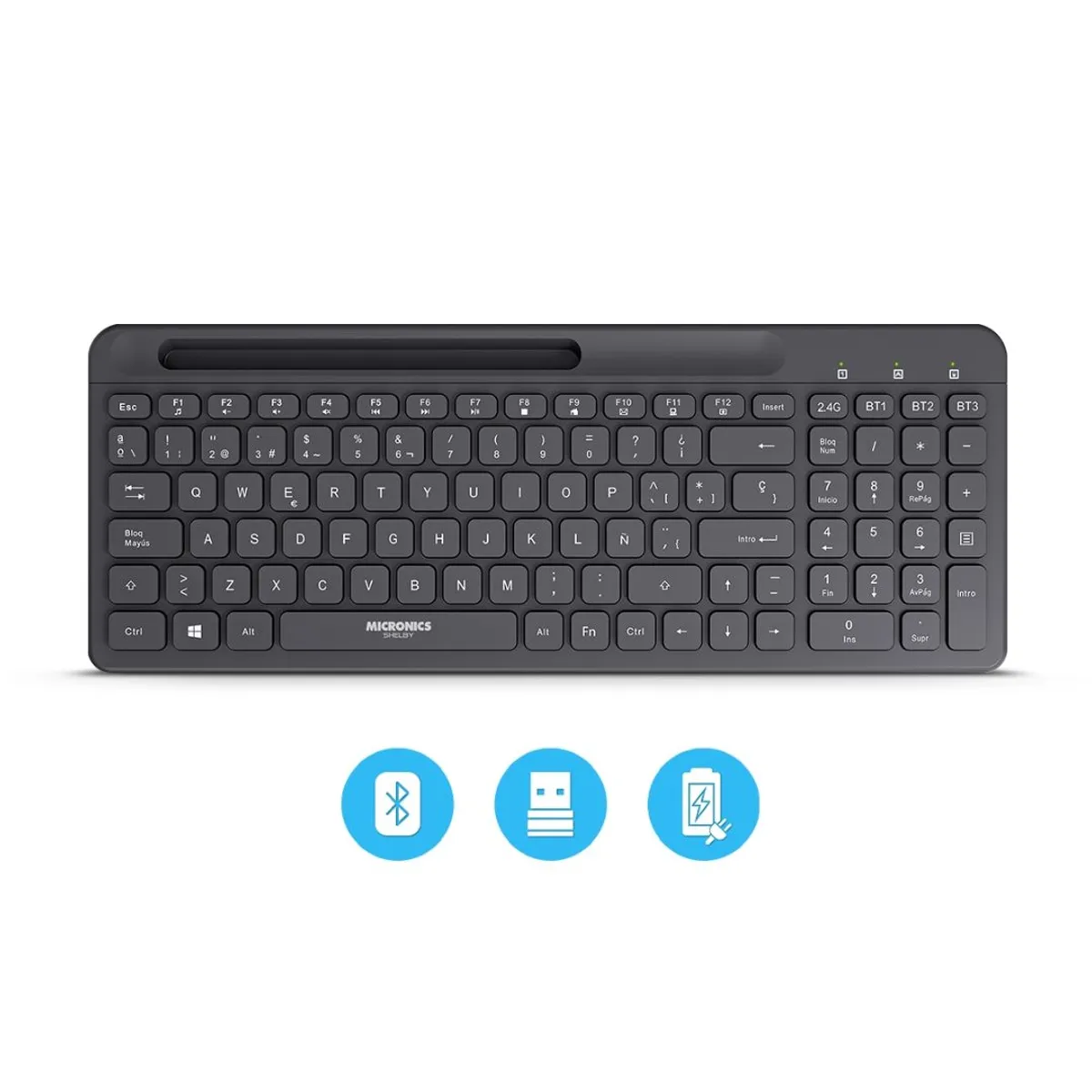 TECLADO INALÁMBRICO MICRONICS SHELBY K605-3M BLUETOOTH 2.4GHZ RECARGABLE ESPAÑOL - 2