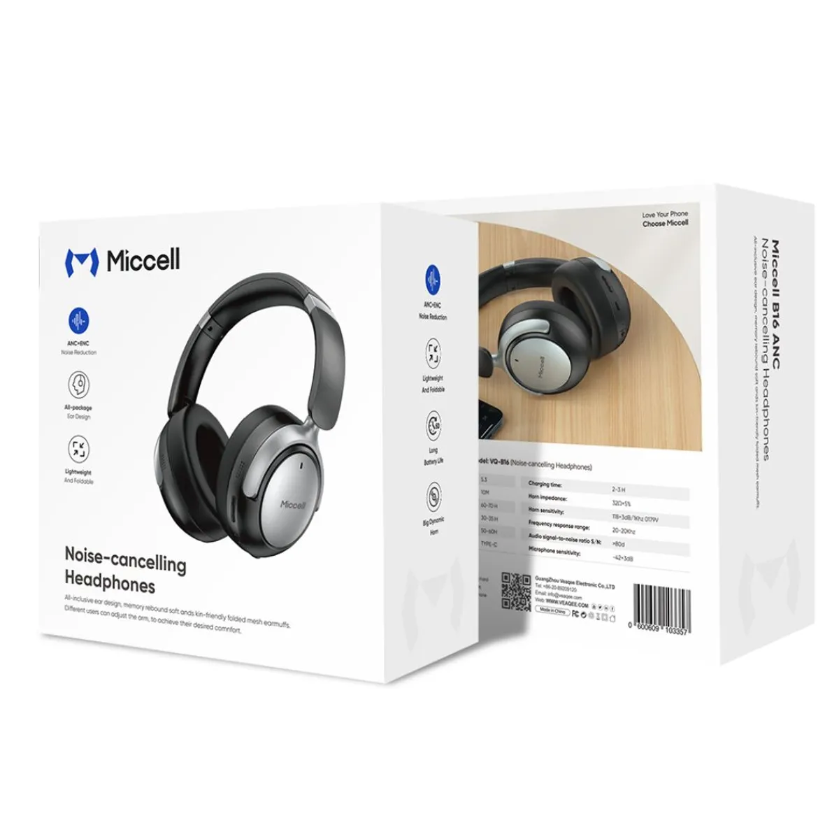 AUDÍFONOS BLUETOOTH ANC CANCELACIÓN DE RUIDO 60H BATERÍA BLUETOOTH 5.3 MICCELL VQ-B16 - 7