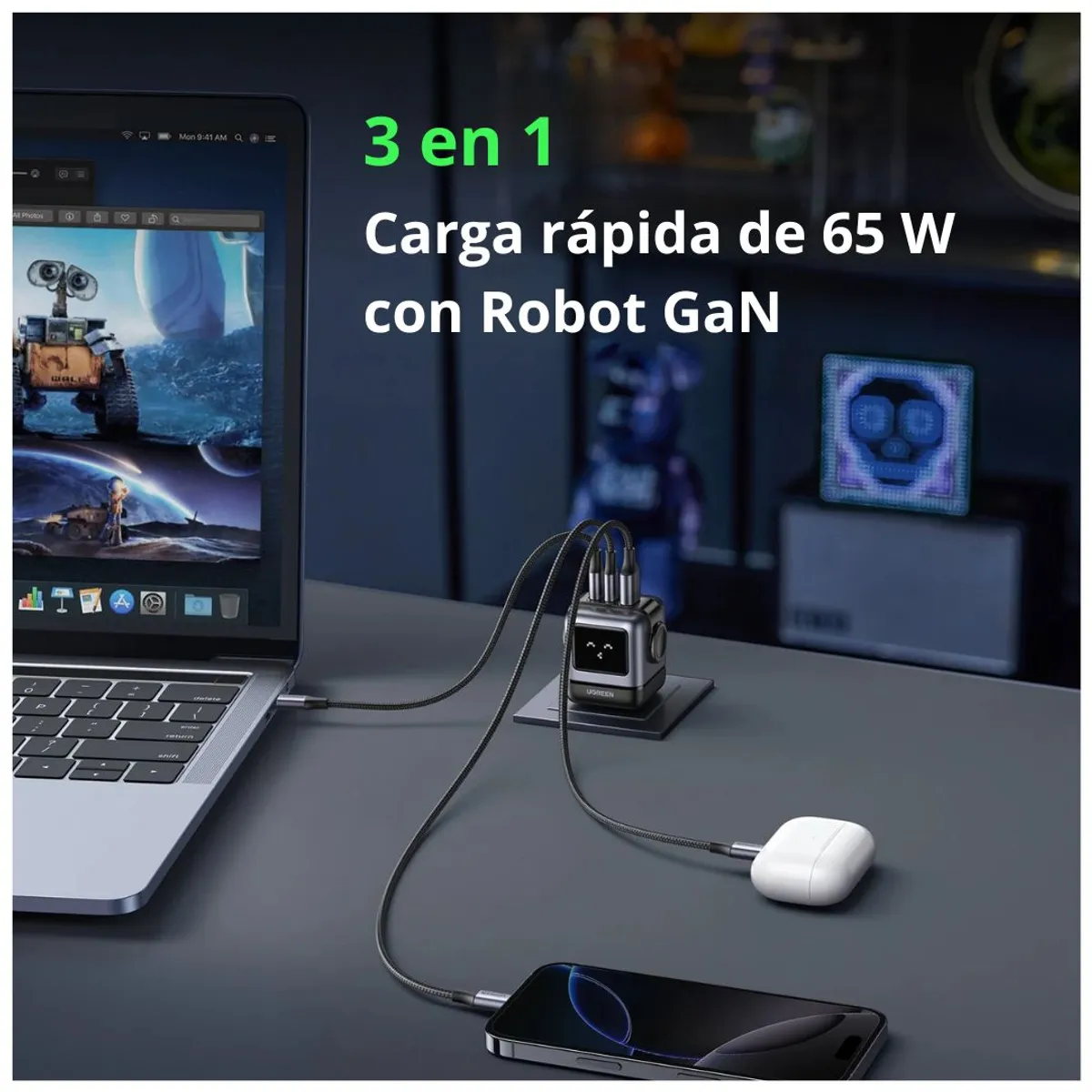 CARGADOR GAN DE PARED UGREEN UNO RG CD361 65W ROBOT 3 PUERTOS USB-C USB-A - 2