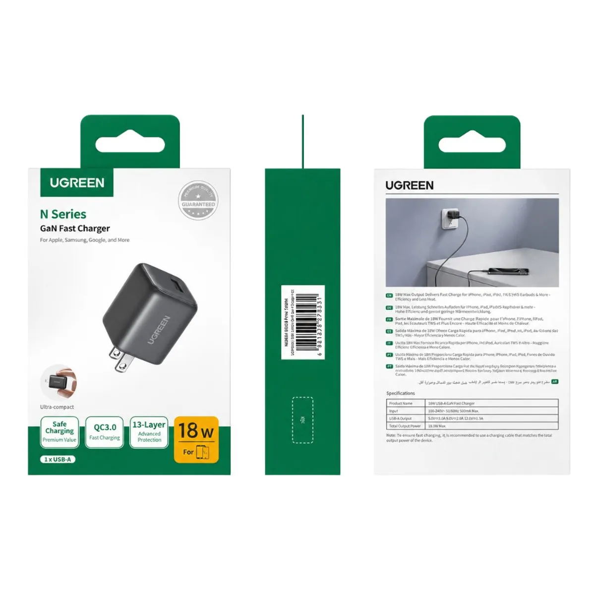 CARGADOR UGREEN X518 18W USB-A GAN CARGA RÁPIDA QC 3.0 PARA CELULAR Y TABLET - 8