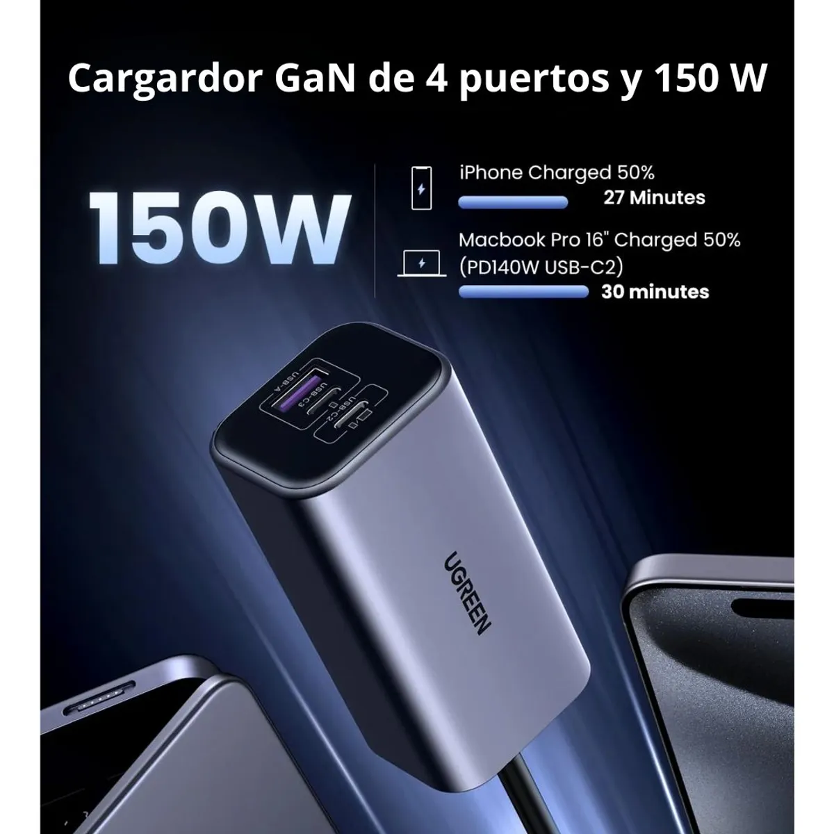 CARGADOR PARA AUTO UGREEN EC706 150W GAN 4 PUERTOS PD USB-C USB-A CON EXTENSIÓN 1M - 5