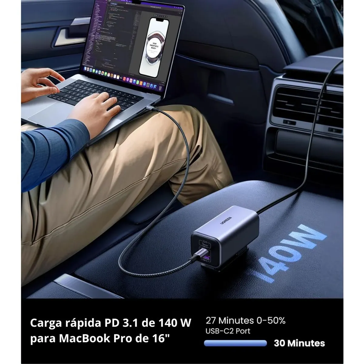 CARGADOR PARA AUTO UGREEN EC706 150W GAN 4 PUERTOS PD USB-C USB-A CON EXTENSIÓN 1M - 6