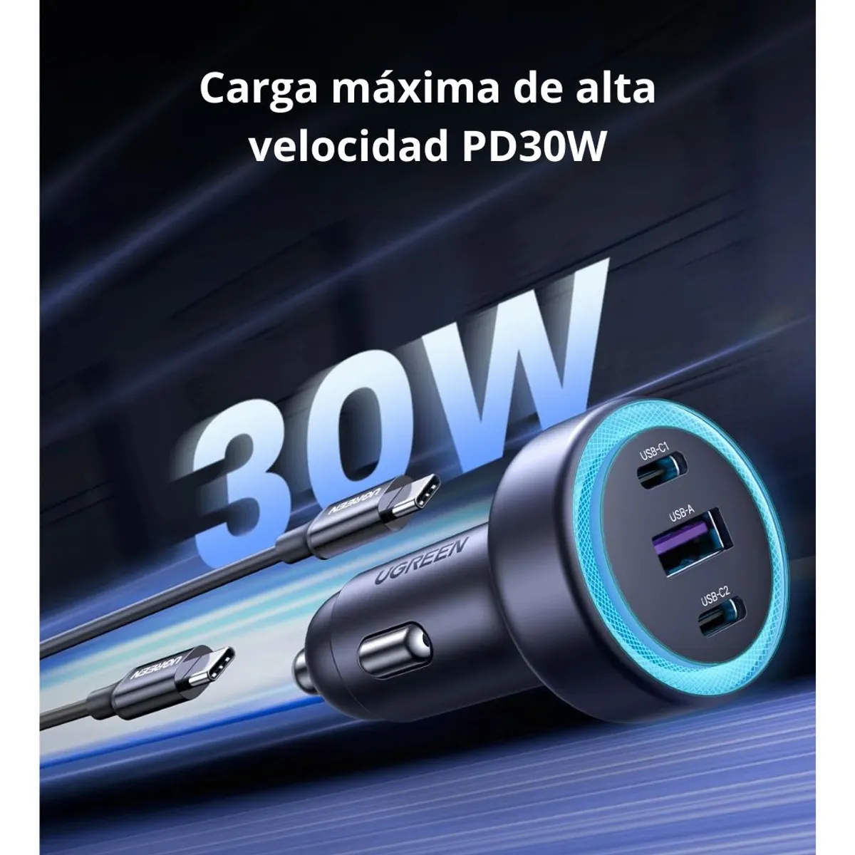 CARGADOR PARA AUTO UGREEN 30W 3 PUERTOS 2 USB-C USB-A CARGA RÁPIDA PD - 2