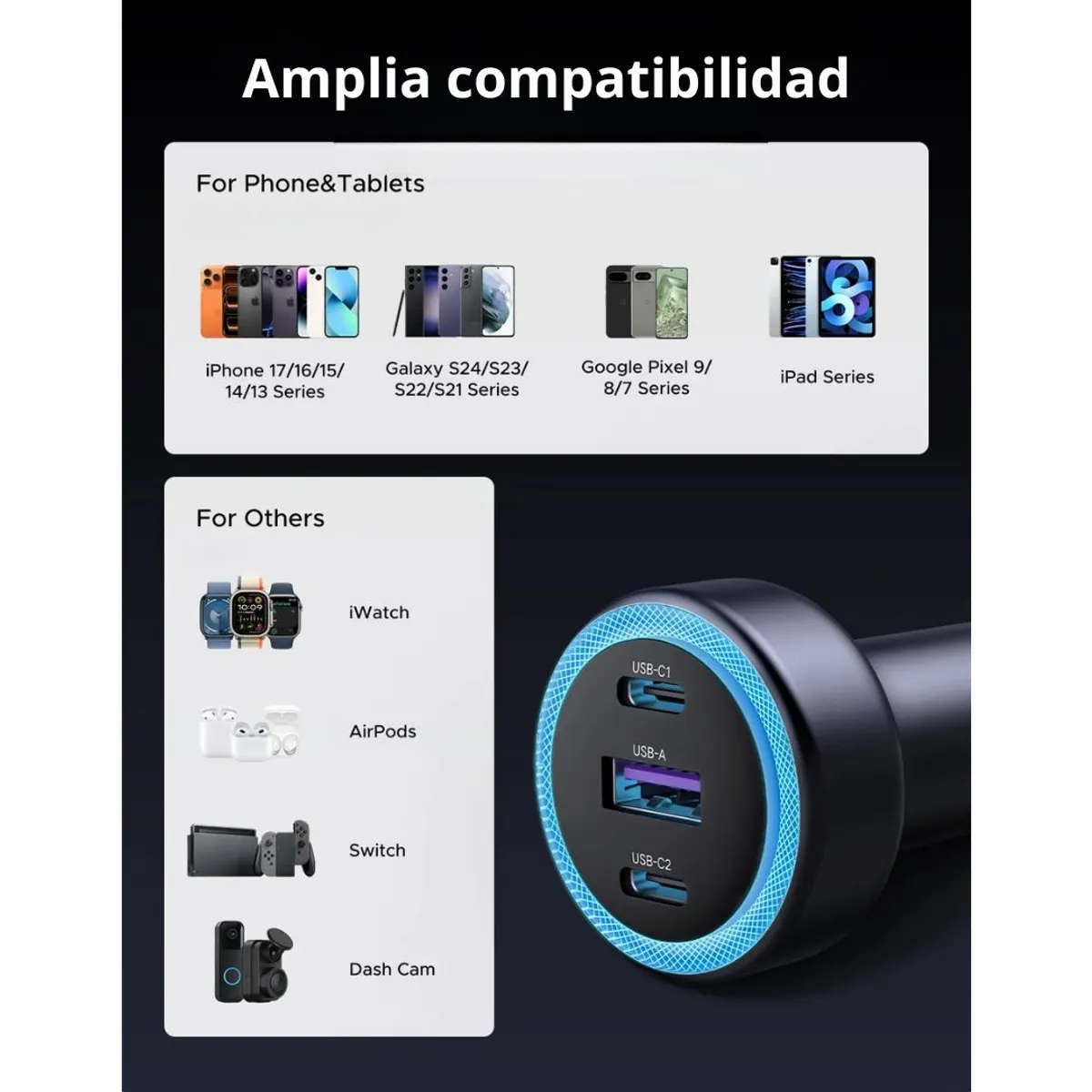 CARGADOR PARA AUTO UGREEN 30W 3 PUERTOS 2 USB-C USB-A CARGA RÁPIDA PD - 3