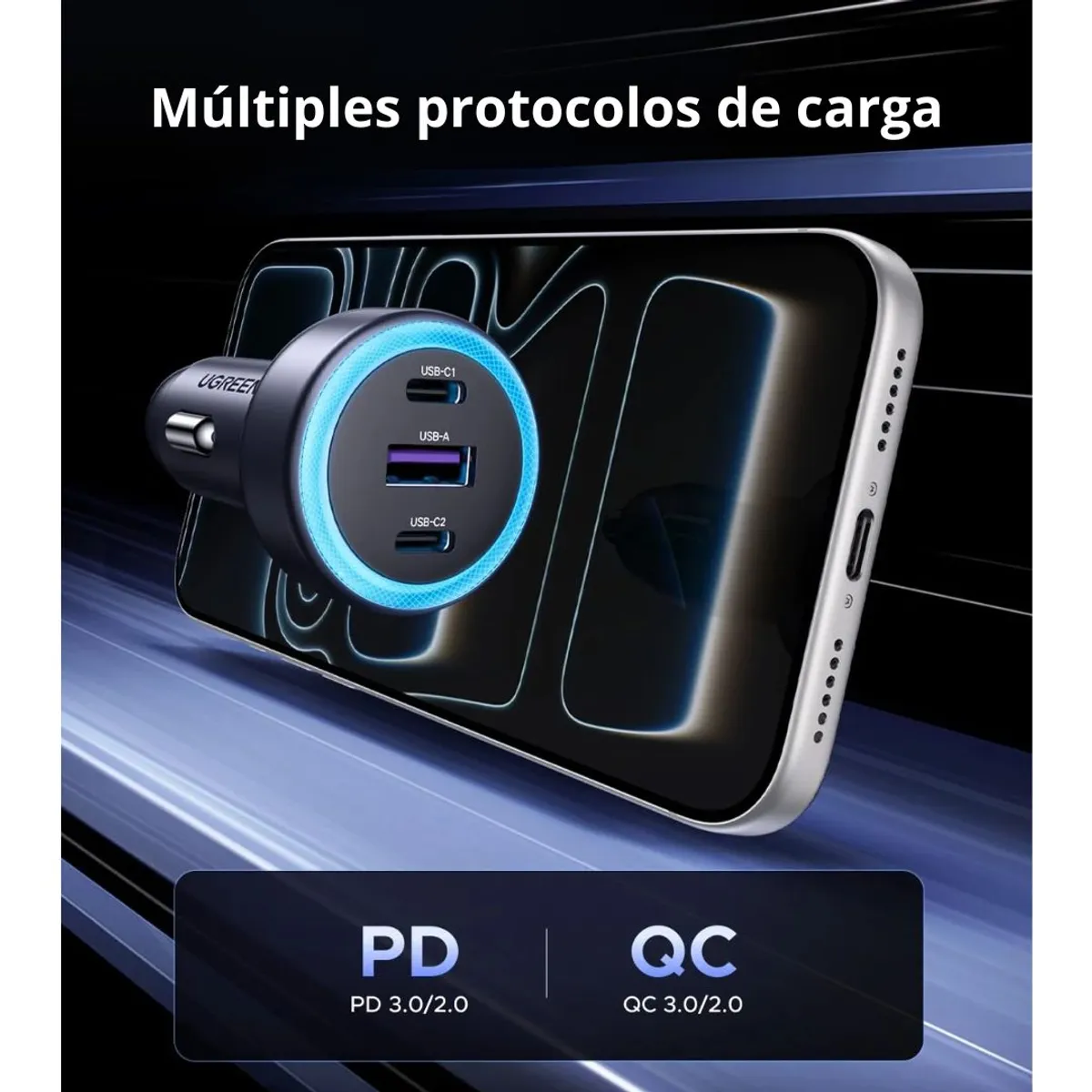 CARGADOR PARA AUTO UGREEN 30W 3 PUERTOS 2 USB-C USB-A CARGA RÁPIDA PD - 5