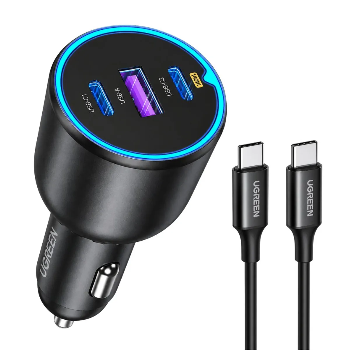 CARGADOR PARA AUTO UGREEN EC705 130W 3 PUERTOS PD CON CABLE USB-C 100W - 1