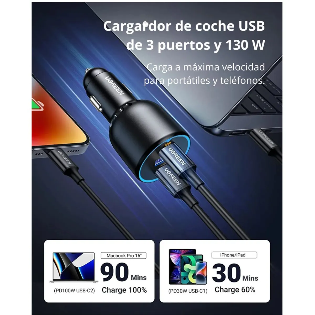 CARGADOR PARA AUTO UGREEN EC705 130W 3 PUERTOS PD CON CABLE USB-C 100W - 3