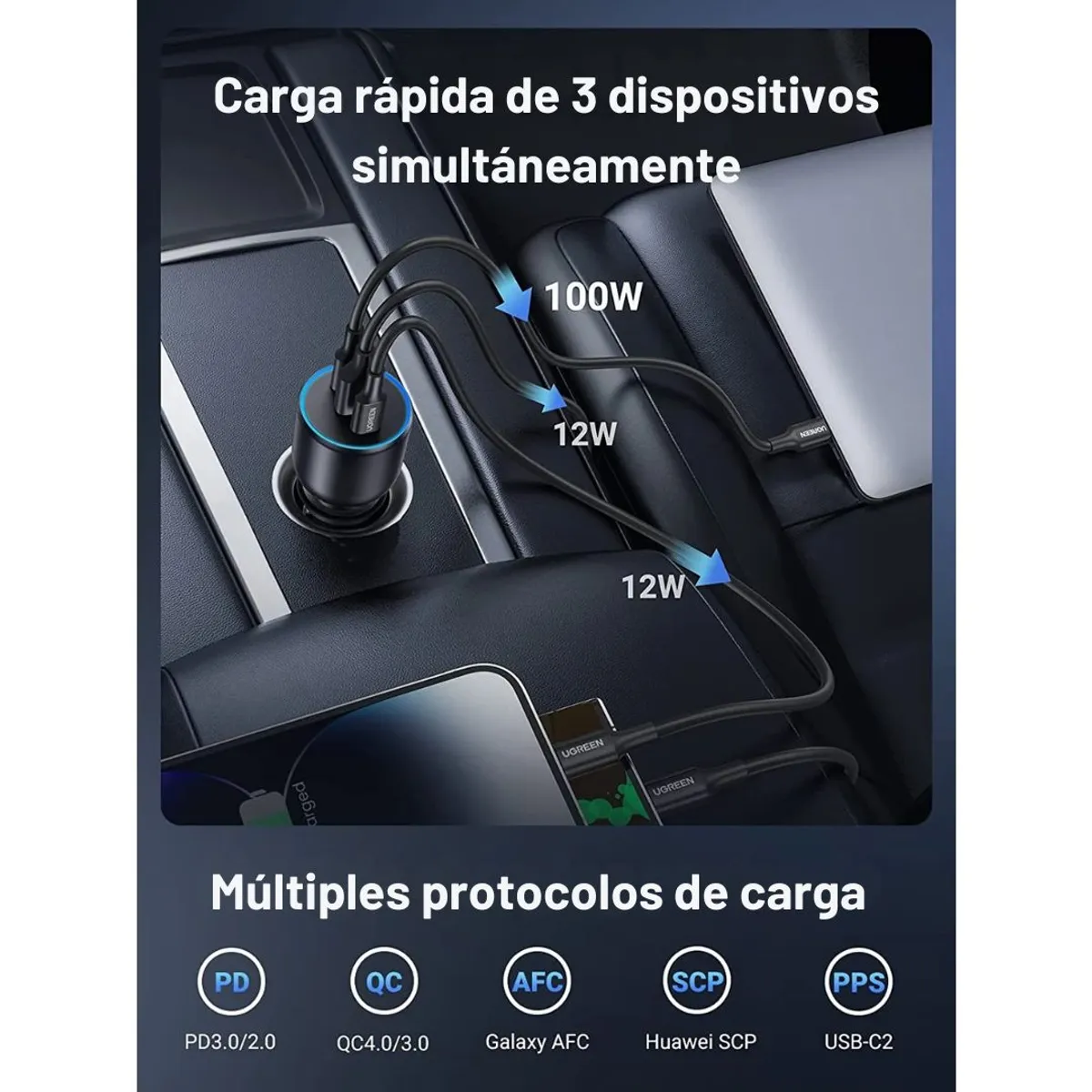 CARGADOR PARA AUTO UGREEN EC705 130W 3 PUERTOS PD CON CABLE USB-C 100W - 4