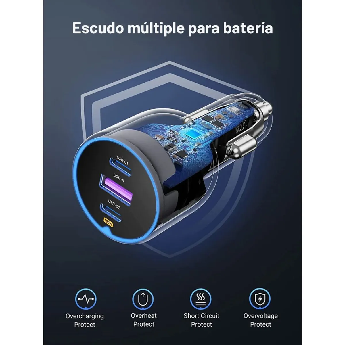 CARGADOR PARA AUTO UGREEN EC705 130W 3 PUERTOS PD CON CABLE USB-C 100W - 5