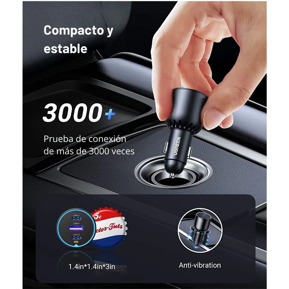CARGADOR PARA AUTO UGREEN EC705 130W 3 PUERTOS PD CON CABLE USB-C 100W - 6