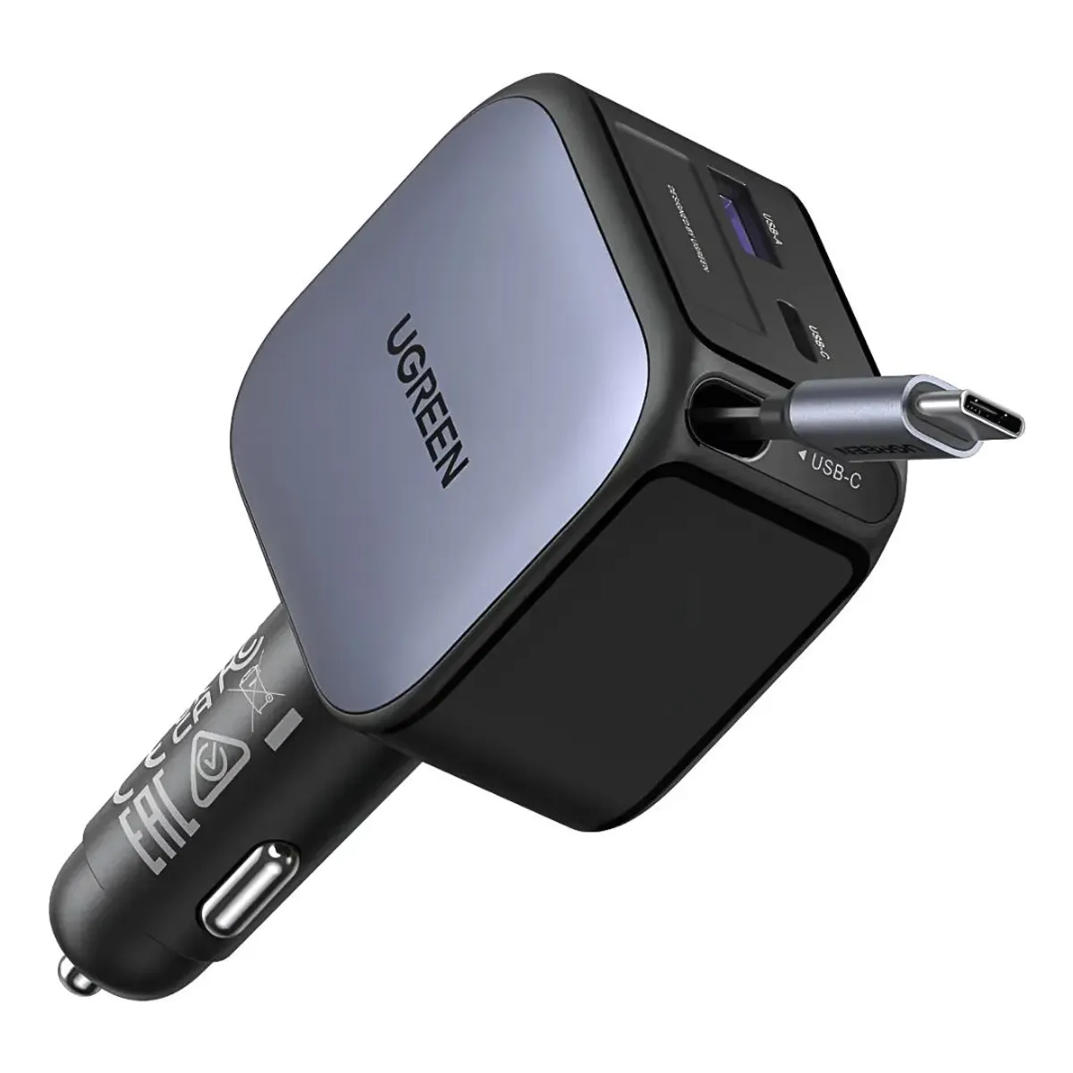 CARGADOR PARA AUTO UGREEN EC603 90W CON CABLE RETRÁCTIL USB-C PD 3.0 Y USB-A - 1