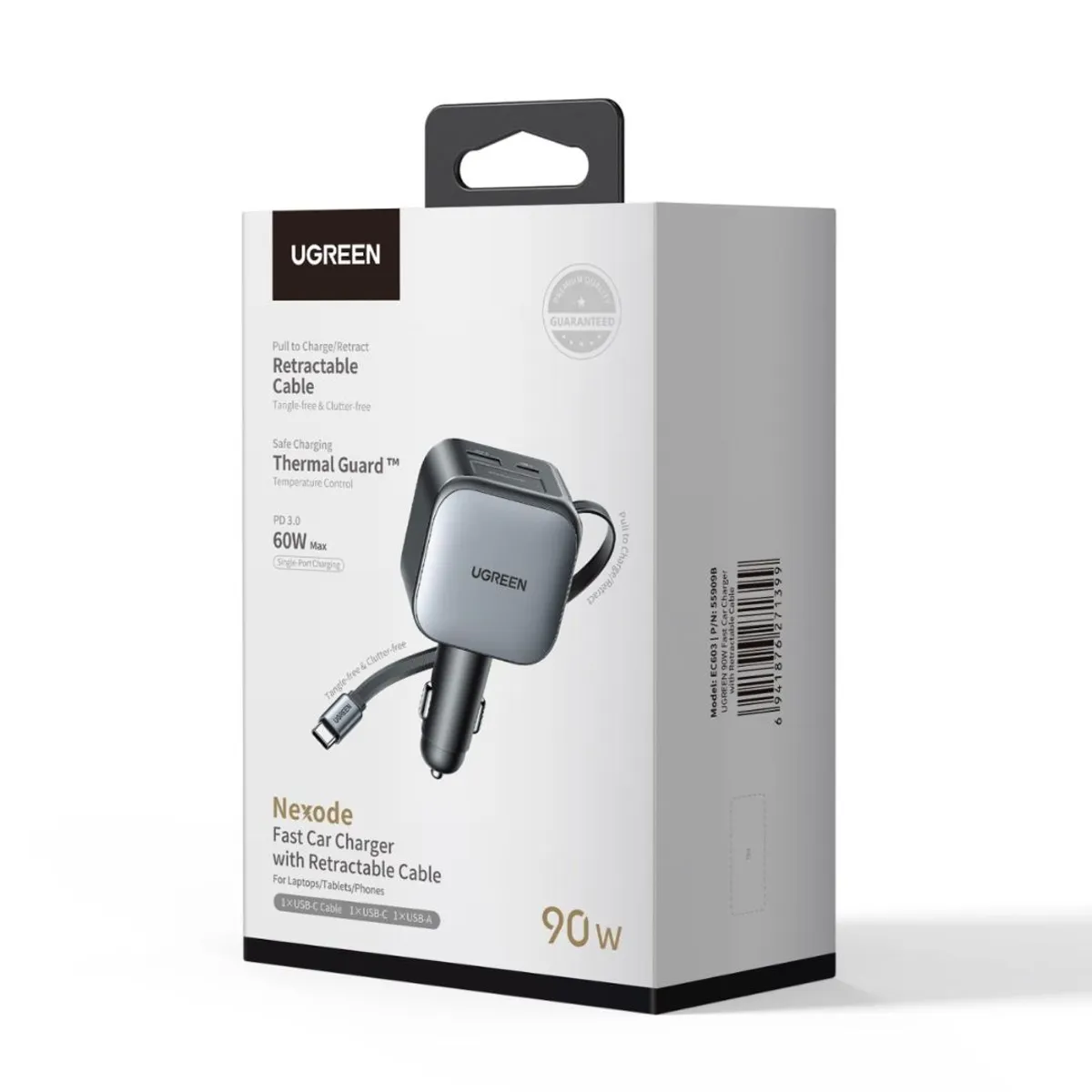 CARGADOR PARA AUTO UGREEN EC603 90W CON CABLE RETRÁCTIL USB-C PD 3.0 Y USB-A - 7