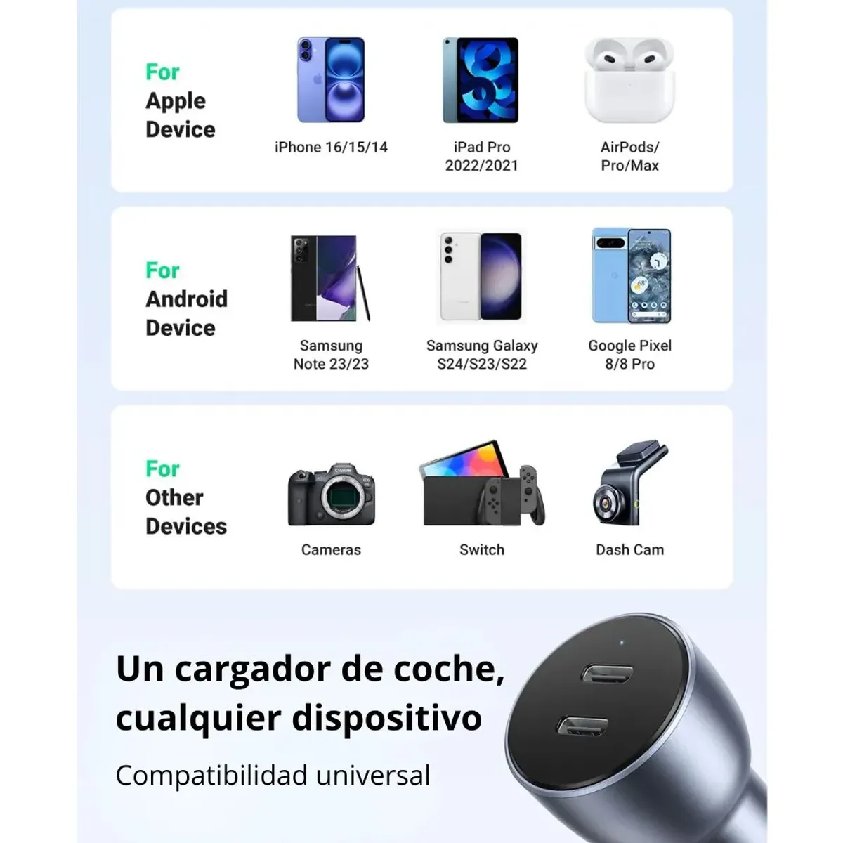 CARGADOR DE AUTO UGREEN 60W DOBLE USB-C PD 30W CARGA RÁPIDA PARA IPHONE Y SAMSUNG CD213 - 4