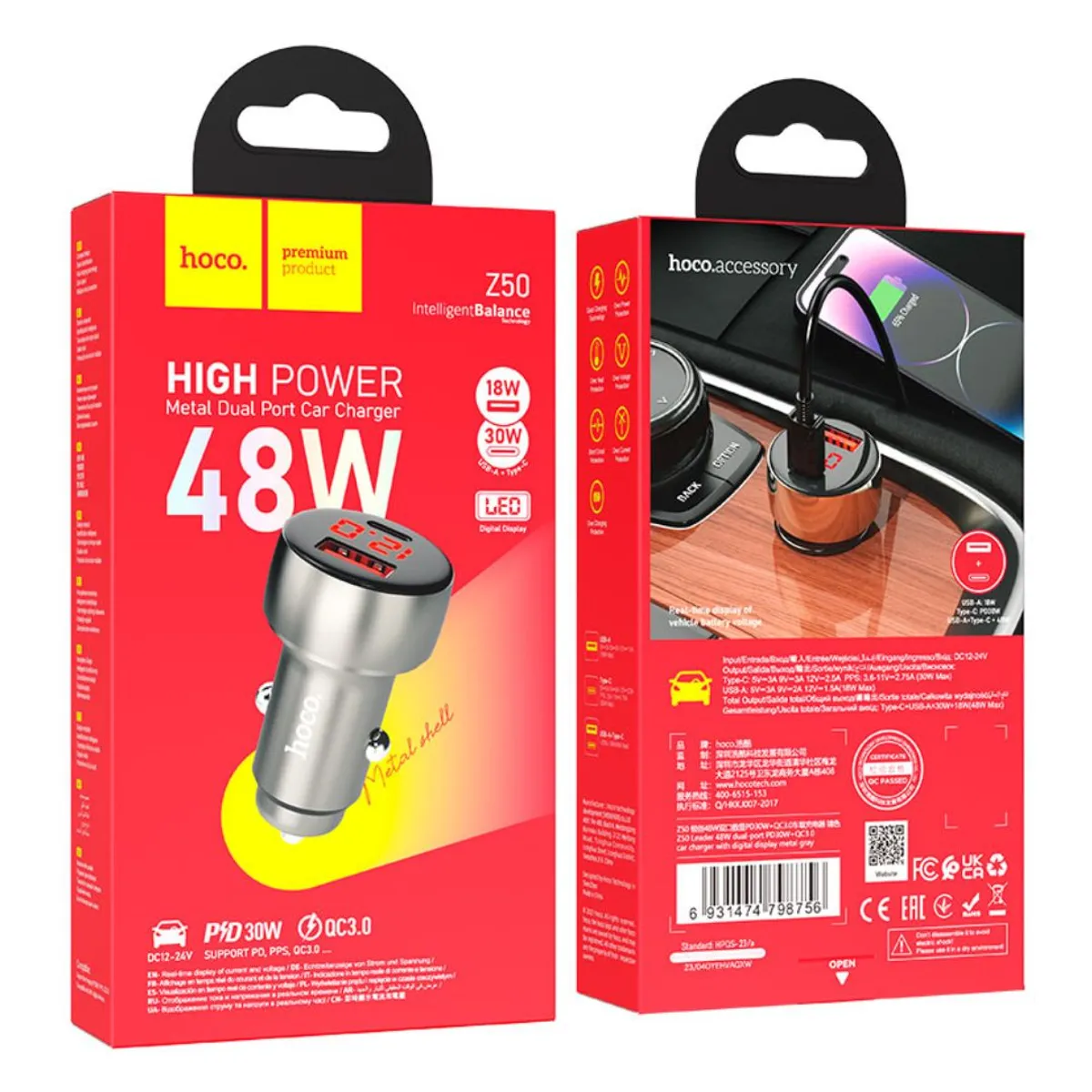CARGADOR PARA AUTO HOCO Z50 48W USB-C PD 30W USB-A 18W CARGA RÁPIDA CON PANTALLA LED - 2