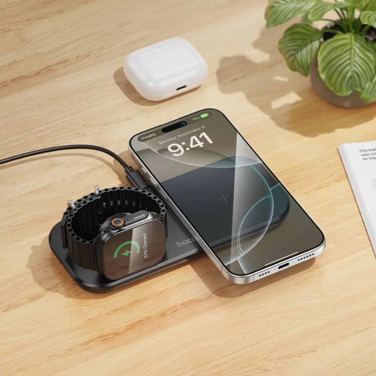 CARGADOR INALÁMBRICO HOCO CW65 3 EN 1 15W PARA IPHONE APPLE WATCH Y AUDÍFONOS - 6