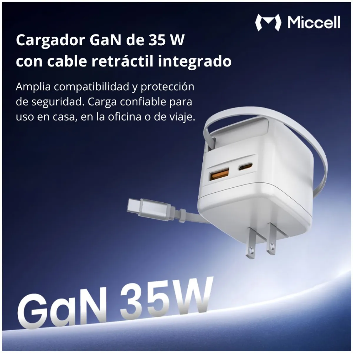 CARGADOR GAN 35W USB-C USB-A CARGA RÁPIDA CON CABLE RETRÁCTIL MICCELL VQ-T62 - 2