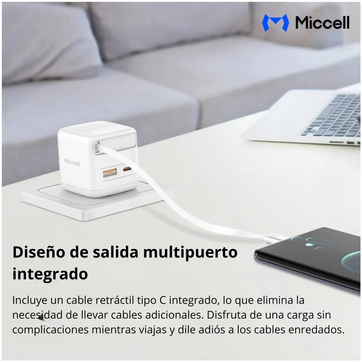 CARGADOR GAN 35W USB-C USB-A CARGA RÁPIDA CON CABLE RETRÁCTIL MICCELL VQ-T62 - 3