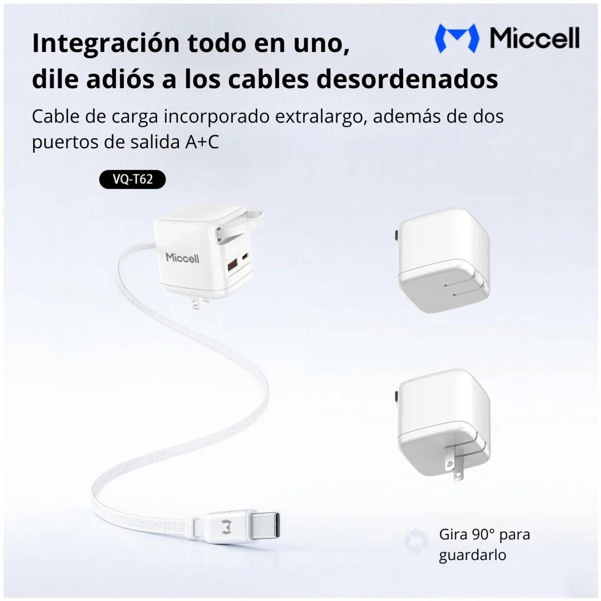 CARGADOR GAN 35W USB-C USB-A CARGA RÁPIDA CON CABLE RETRÁCTIL MICCELL VQ-T62 - 4