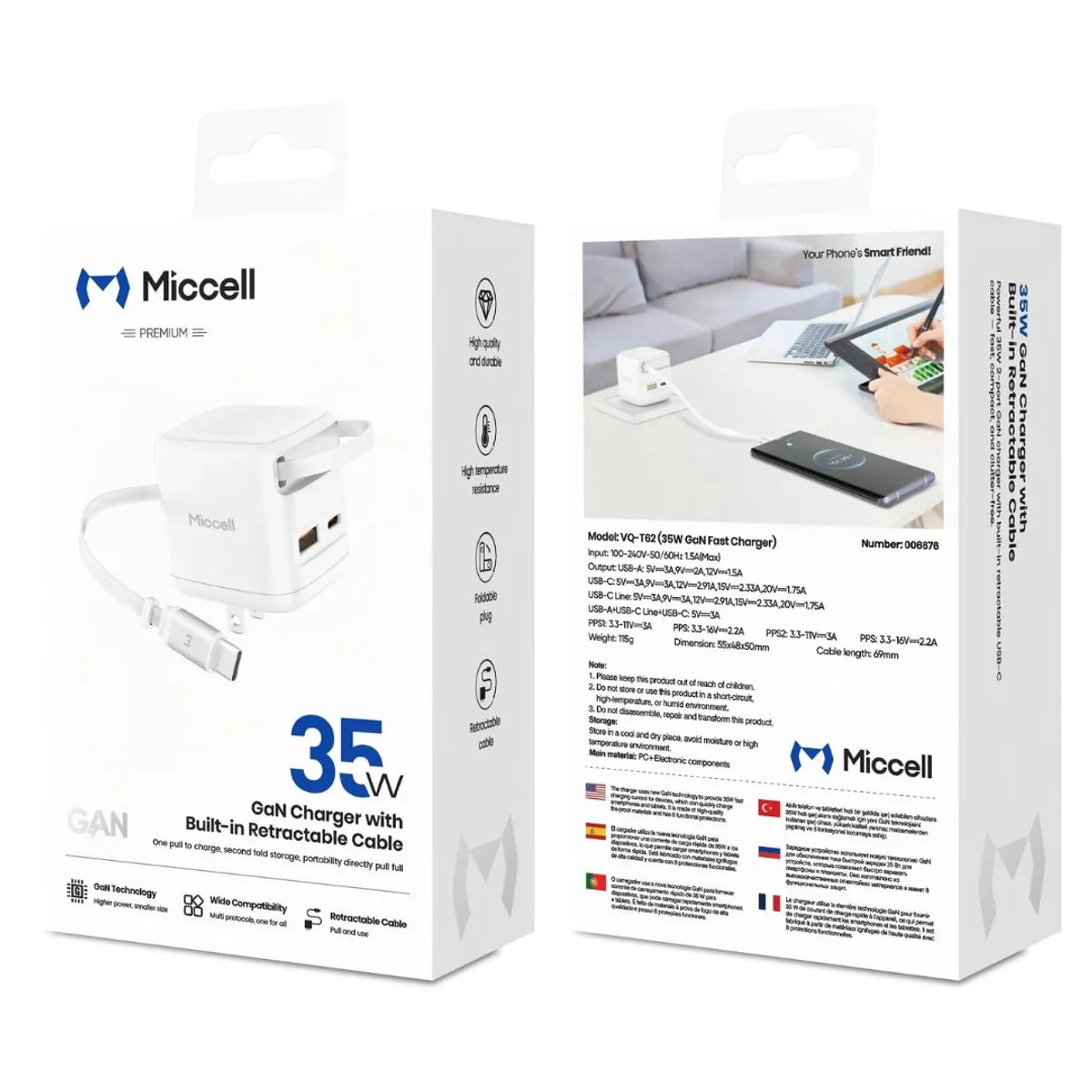 CARGADOR GAN 35W USB-C USB-A CARGA RÁPIDA CON CABLE RETRÁCTIL MICCELL VQ-T62 - 5