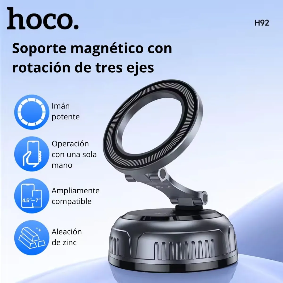 SOPORTE MAGNÉTICO PARA CELULAR HOCO H92 CON VENTOSA DE SUCCIÓN Y ROTACIÓN 360° PARA AUTO - 2