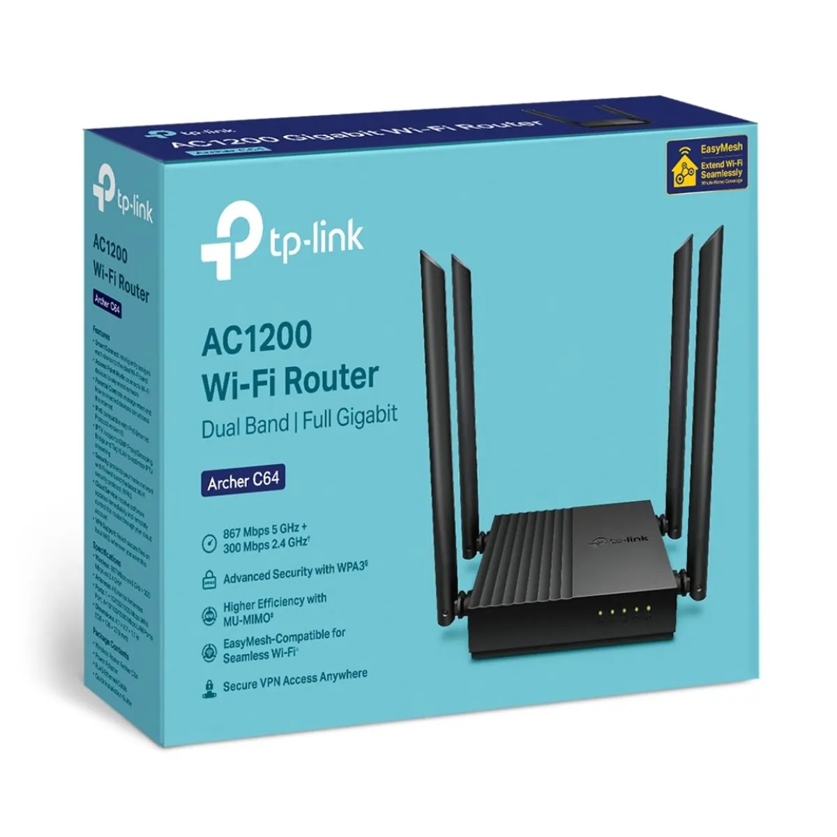 ROUTER WIFI TP-LINK ARCHER C64 AC1200 DOBLE BANDA GIGABIT MU-MIMO CON 4 ANTENAS - 2