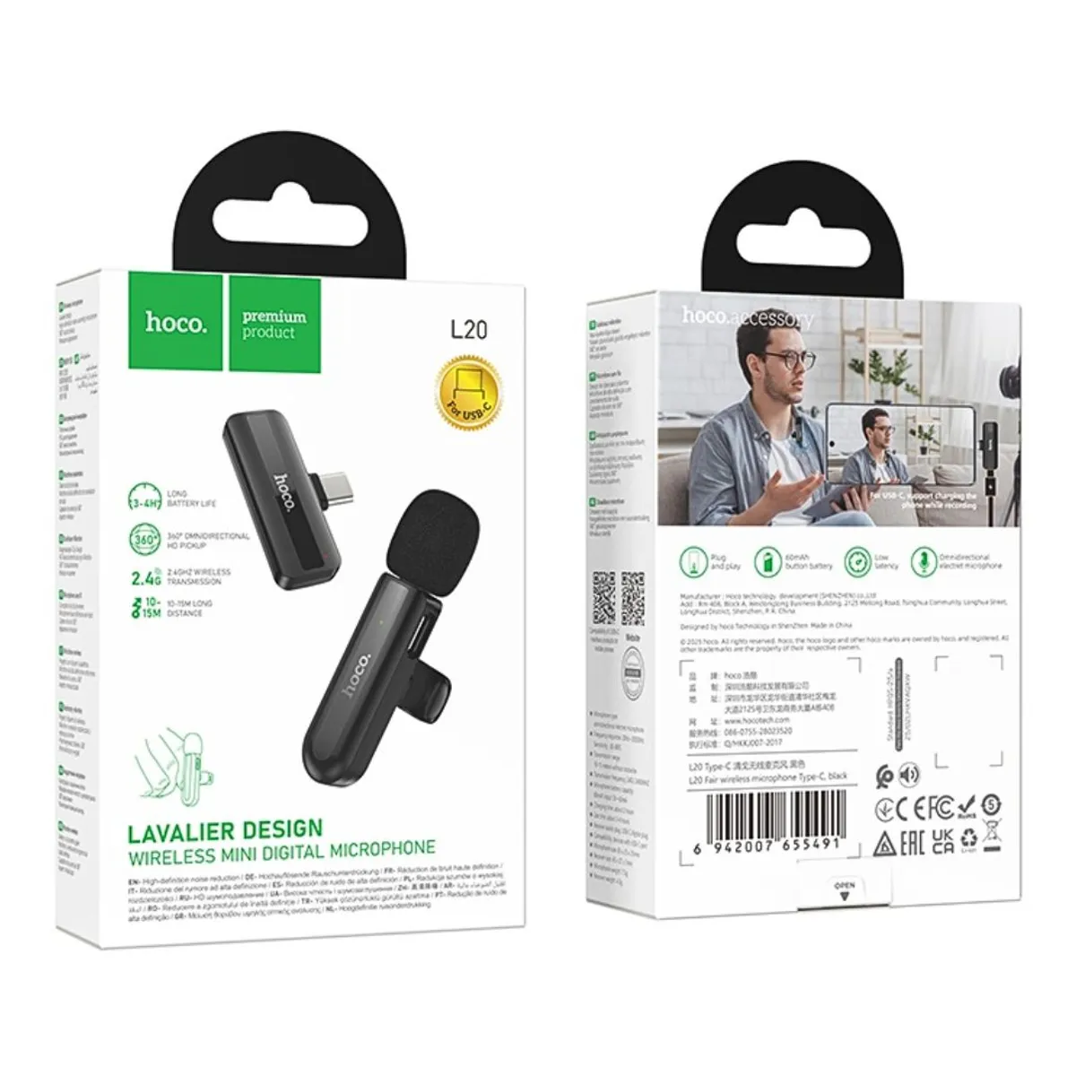 MICRÓFONO SOLAPERO INALÁMBRICO HOCO L20 FAIR USB-C CON REDUCCIÓN DE RUIDO Y PLUG AND PLAY - 7
