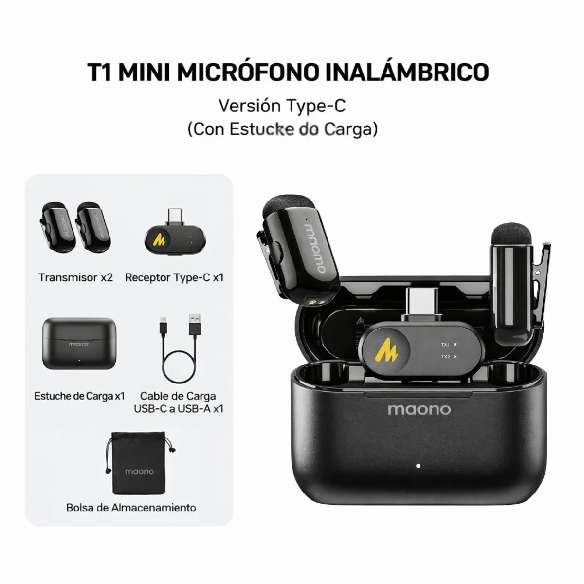 MICRÓFONO INALÁMBRICO SOLAPERO LAVALIER MAONO WAVE T1 MINI 2TX 100M 30H WM622 - 8