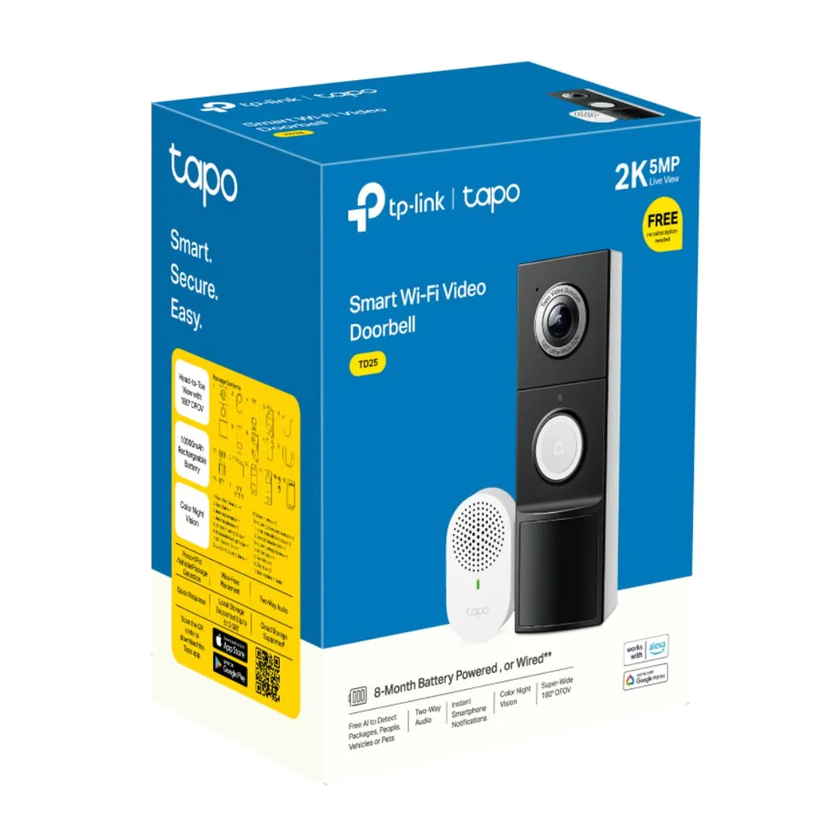 TIMBRE INTELIGENTE TP-LINK TAPO D235 2K 5MP CON CÁMARA 180° Y TIMBRE INTERIOR - 2