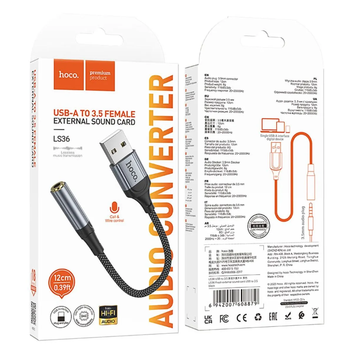 ADAPTADOR USB-A A JACK 3.5 MM HOCO LS36 PARA AUDÍFONOS MICRÓFONO Y LLAMADAS - 2